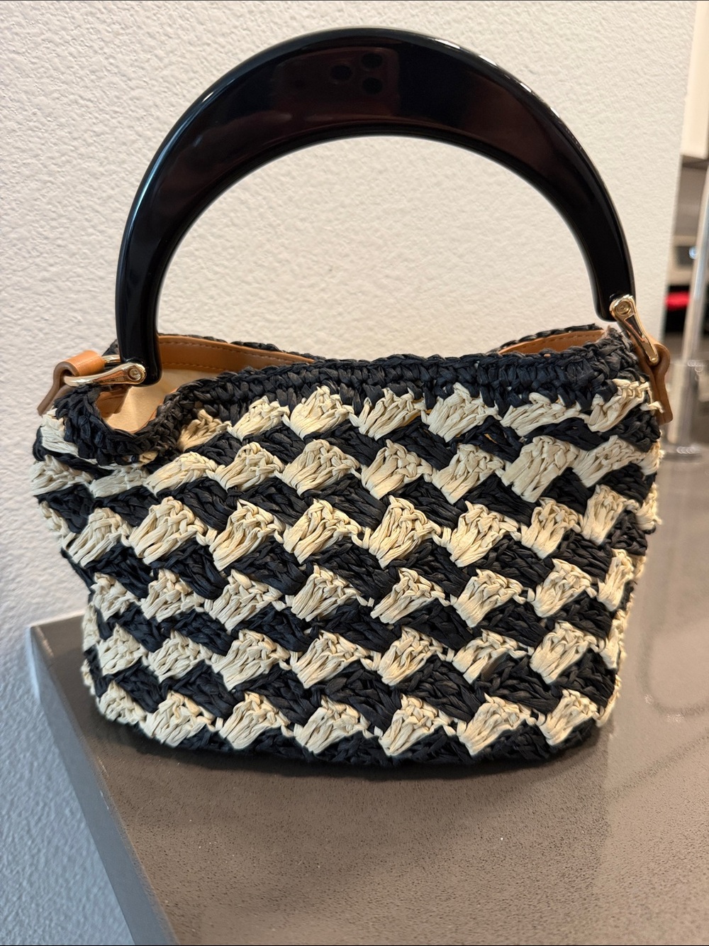 Woven Black & Cream Ladies Handbag with Top Handle